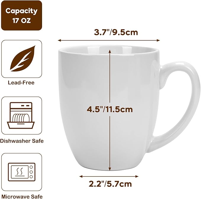 16 OZ White Stoneware Mugs Set of 6, Large Ceramic Coffee Cups with Handle, Porcelain Mugs for Latte, Milk, Tea and Juice-Ruum Studio Home