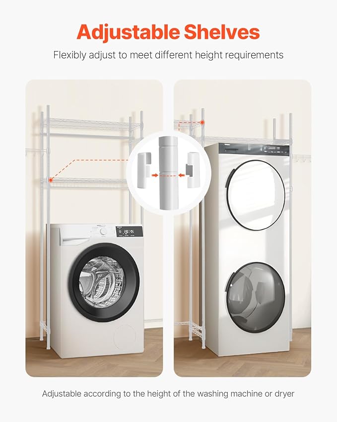 VEVOR Over The Washer and Dryer Storage Shelf, 4 Tier Laundry Room Drying Rack with Hanger Rod and Hooks, Adjustable Over Washer and Dryer Shelves, Laundry Room Shelf Storage Space Saver, White-Ruum Studio Home