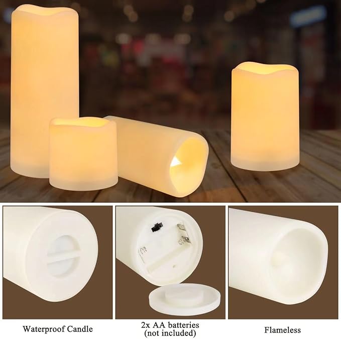 Flameless Battery Operated Outdoor Waterproof Set of 12(D: 3" x H: 3" 4" 5" 6") Pillar LED Candles with 10-Key Remote and Cycling 24 Hours Timer-Ruum Studio Home