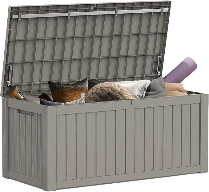 Mars Villa 119 Gallon Outdoor Storage Box Waterproof, Large Resin Deck Box for Pool Supplies Storage, Outdoor Patio Furniture Cushions, with Hydraulic Hinge, UV-Resistant and Weatherproof, Greige-Ruum Studio Home