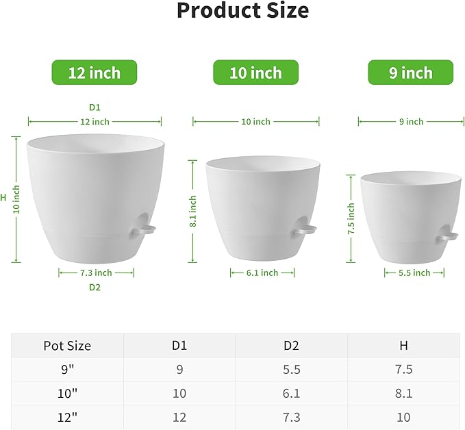 FaithLand 3-Pack Large Planter Pots, 12 10 9 Inch Self Watering Flower Pots for Indoor Outdoor Garden Plants, White-Ruum Studio Home