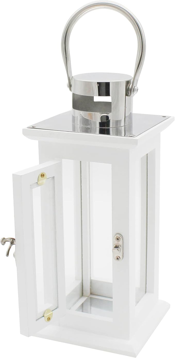 CVHOMEDECO. Decorative Elegant Wood Hurricane Candle Lantern with Stainless Top and Glass Inserts for Home Patio Outdoor Decor. White, Set of 2-Ruum Studio Home