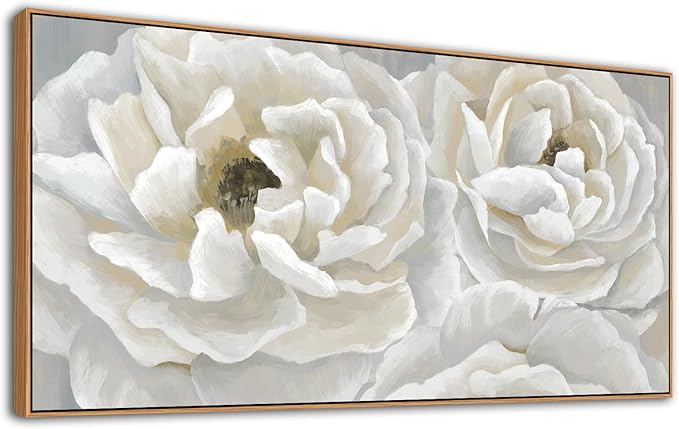 arteWOODS Cream White Flowers Framed Wall Art - Soft Peony Pictures for Wall Decor Elegant Blossom Flower Painting Artwork Botanical Prints for Living Room Home Office Wall Decoration 29" x 58"-Ruum Studio Home