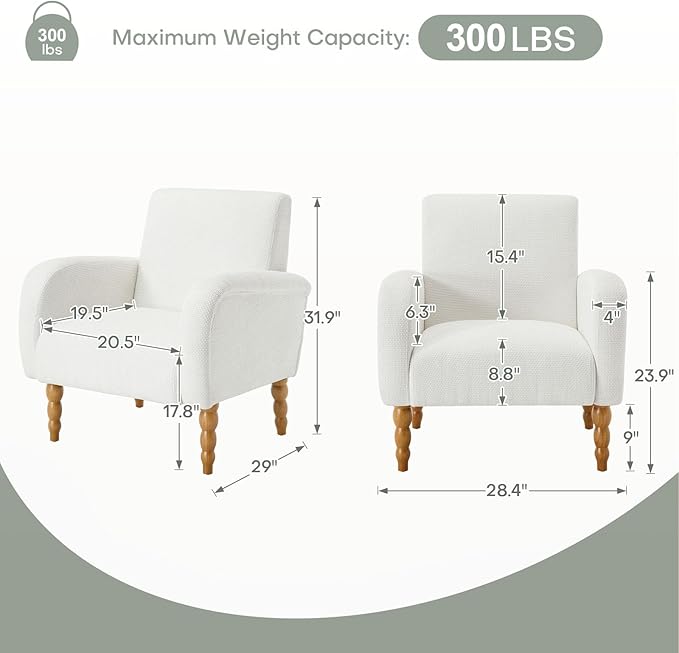 Chenille Fabric Accent Chair, Upholstered Armchair with Solid Wood Legs, Modern Living Room Accent Chair, Comfy Single Sofa Chair Reading Club Chair for Bedroom Reception Lounge, White-Ruum Studio Home