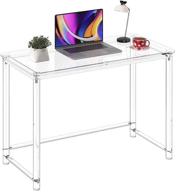 HMYHUM Acrylic Desk, Clear Desk for Home Office for Laptop, Study, Writing, Vanity Table with Cylindrical Legs, Modern, Easy Assembly, 39.4" L x 19.7" W x 29.5" H-Ruum Studio Home