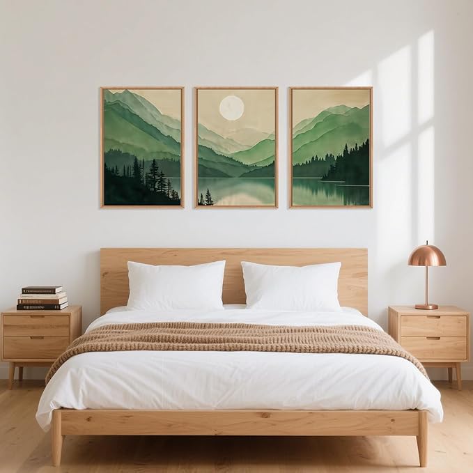 Celestdeco Watercolor Mountains Framed Canvas Wall Art Set, Boho Sun Forests Wall Decor, Green Scenery Wall Painting, Modern Woodland Artworks for Living Room, Bedroom, Dining Room, Office - 16"x24"x3-Ruum Studio Home