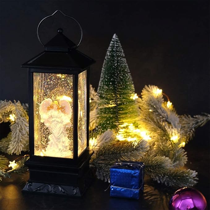 Eldnacele Musical Singing and Lighted Plug-in & Battery Operated Lighted Christmas Water Glittering Snowing Globe Christians Church Lantern for Home Decoration Angel-Ruum Studio Home