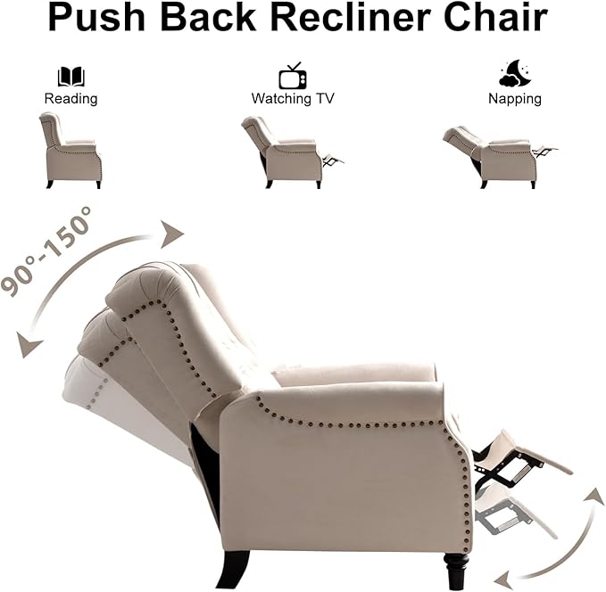 EBELLO Pushback Recliner Chair, Fabric Armchair Push Back Recliner with Rivet Decoration, Mid Century Wingback Accent Chair for Living Room, Bedroom, Beige-Ruum Studio Home