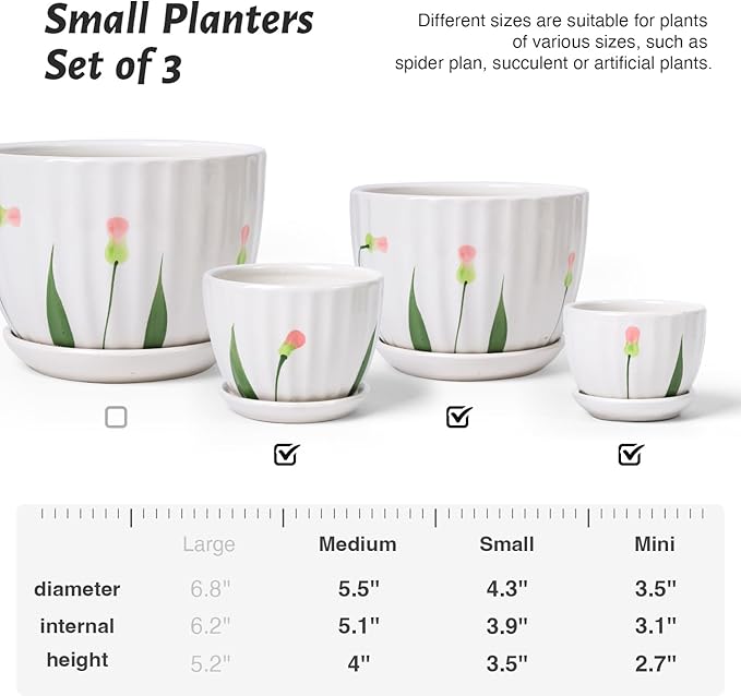 Ceramic Plant Pots with Drainage Holes and Saucers, Round White Flower Pots for Indoor Plant, Diameter 3.3/4.3/5.5 Inches Small Flower Planters Set of 3-Ruum Studio Home