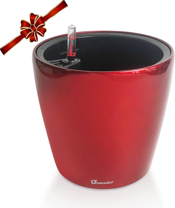 Dexceder 9x8 Inches High Gloss Self Watering Planter Indoor Outdoor, Inner Pot Design, Thickened Table Flower Plant Pot with Water Level Indicator (Red)-Ruum Studio Home