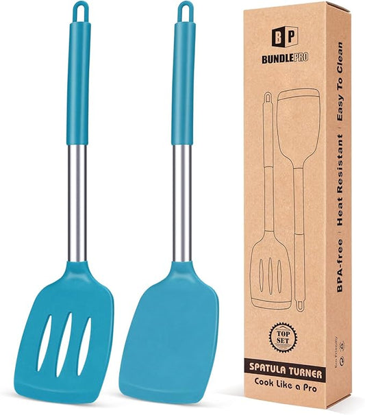 Pack of 2 Silicone Solid Turner, Non Stick Slotted Kitchen Spatulas, High Heat Resistant BPA Free Cooking Utensils, Ideal Cookware for Fish, Eggs, Pancakes(Blue)-Ruum Studio Home
