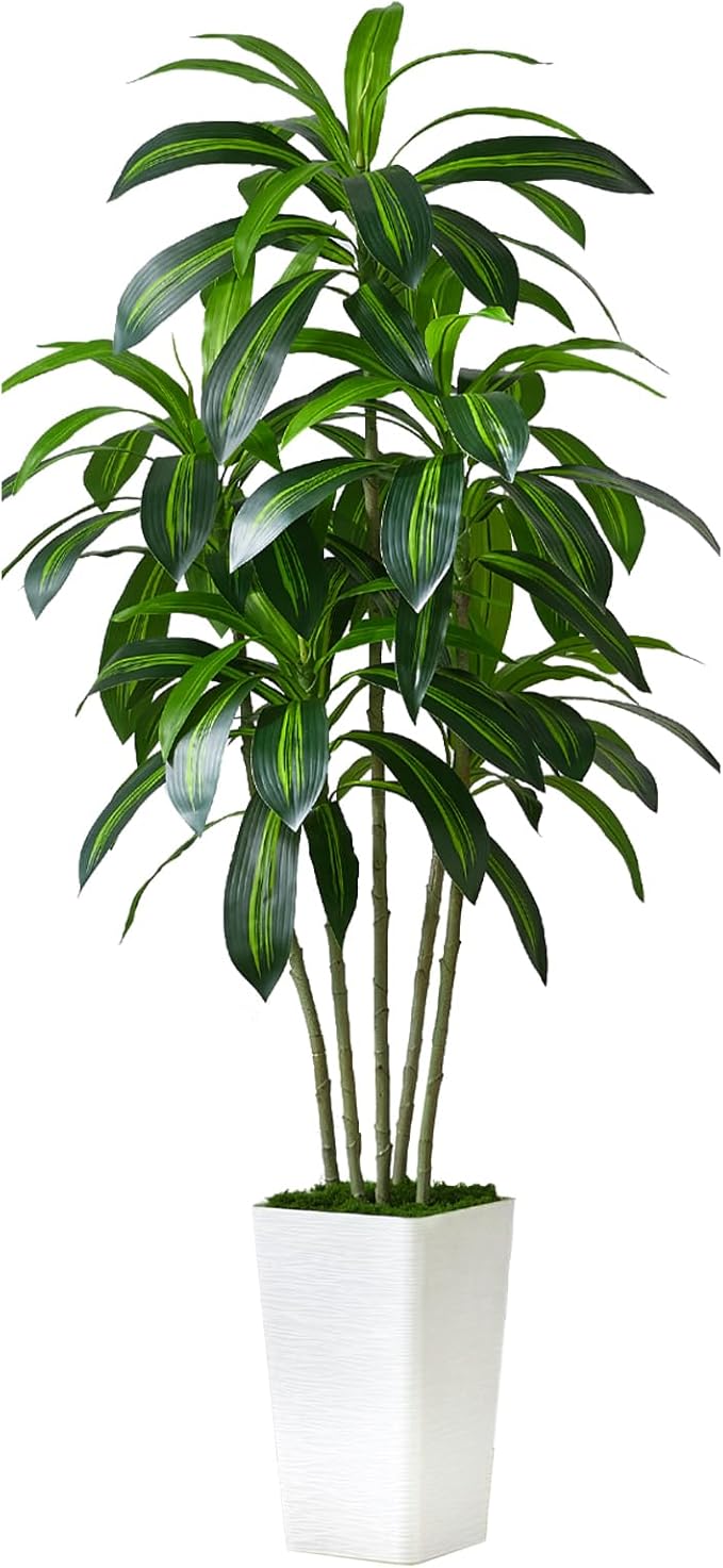 Artificial Dracaena Tree Artificial Silk Tree Faux Tree with White Tall Planter Fake Tropical Yucca Floor Plant (1, White Tall Planter, 6 FT)-Ruum Studio Home