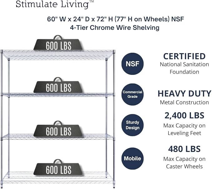 60"x24"x72" PRIME HEAVY DUTY Chrome 4-Tier Wire Shelving NSF 2400 LBS MAX Capacity Storage Rack for Commercial, School, Home, Garage, Warehouse, Industrial, and Hospital Uses (with Wheels)-Ruum Studio Home