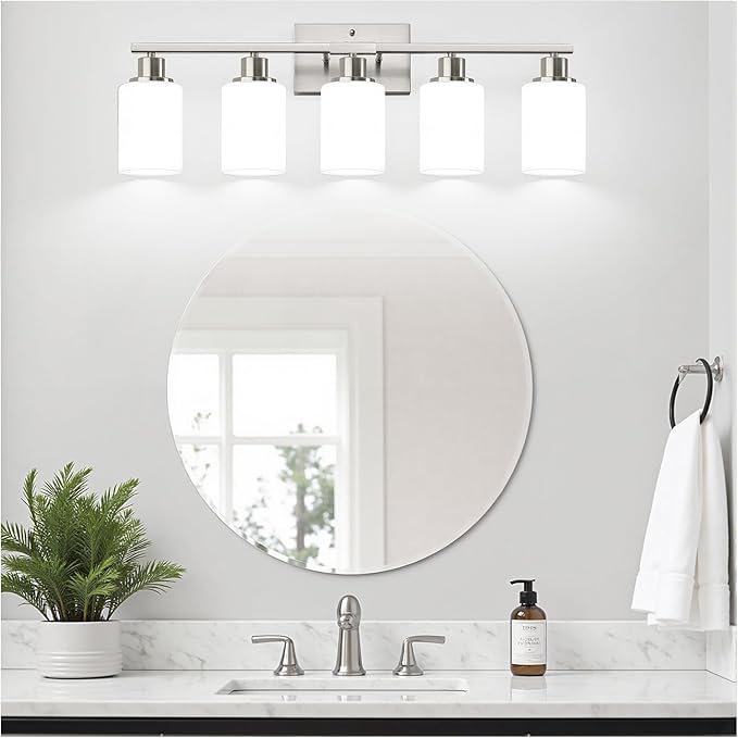 5-Light Brushed Nickel Bathroom Vanity Light with Milky White Frosted Glass Shades, Modern Bathroom Light Fixtures, Up/Down Reversible Lighting for Mirror, Bedroom, Kitchen, Living Room, Hallway-Ruum Studio Home