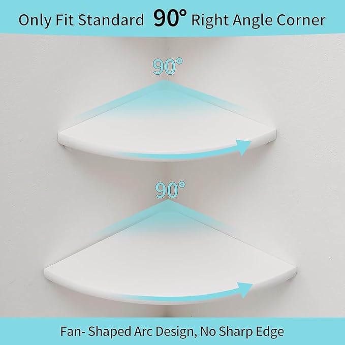 Corner Wall Shelves, White Floating Corner Shelf, Set of 2 16inch Solid Oak Wood Shelves, Round End Wall Mount Display Shelf with Wire Hole for Small Plant for Bedroom Kitchen, Living Room-Ruum Studio Home