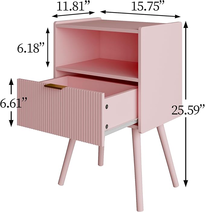Nightstand,Modern Bedside Table with Storage Drawer and Open Wood Shelf, Accent Night Stand with Solid Wood Legs for Living Room, Bedroom and Small Spaces,Easy Assembly (Pink)-Ruum Studio Home