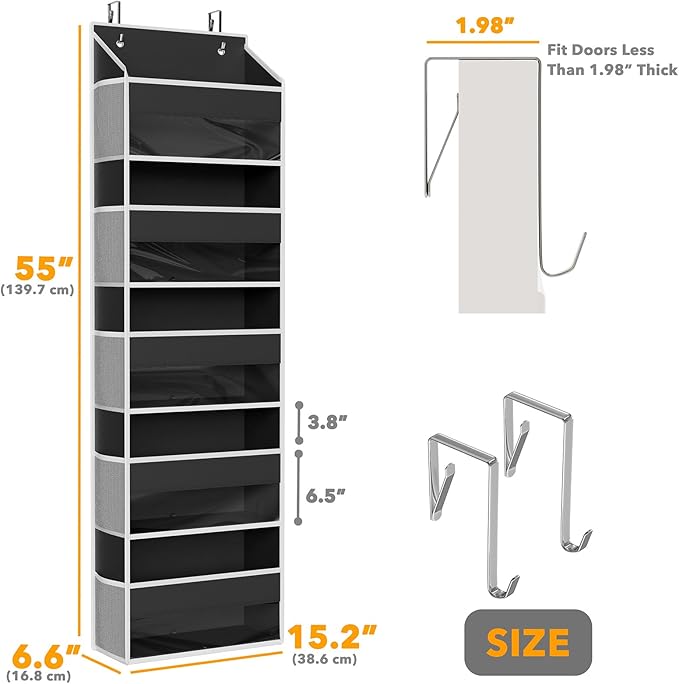 SpaceAid 2 Pack Over The Door Organizer with 5 Large Pockets and 10 Mesh Side Pockets, 5 Layers Door Organizer Hanging with Clear Window for Bedroom, Bathroom, Pantry and Nursery, Black-Ruum Studio Home