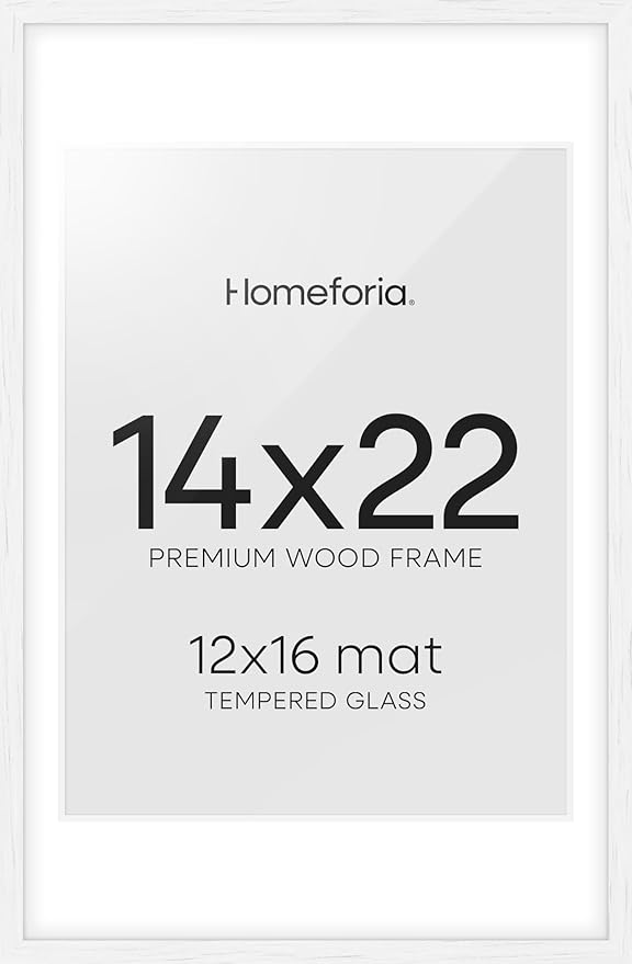 Homeforia 14x22 Picture Frame White, High End Oak 14x22 White Wood Frame with Mat 12x16 Photo, 14 x 22 Wooden Poster Frames Matted to 12 by 16, 22x14 Hanging Frames, Tempered Glass, Wall Kit, Set of 1-Ruum Studio Home