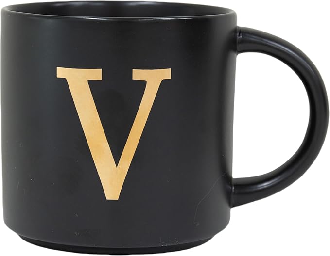 COLLECTIVE HOME - Monogram Ceramic Mugs, 15 oz Golden Initial Black Coffee Cups, Elegant Alphabet Tea Mugs, Elegant Personalized Mug with Gift Box, Unique Mug with Double Side Capital Lette (V)-Ruum Studio Home