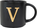 COLLECTIVE HOME - Monogram Ceramic Mugs, 15 oz Golden Initial Black Coffee Cups, Elegant Alphabet Tea Mugs, Elegant Personalized Mug with Gift Box, Unique Mug with Double Side Capital Lette (V)-Ruum Studio Home