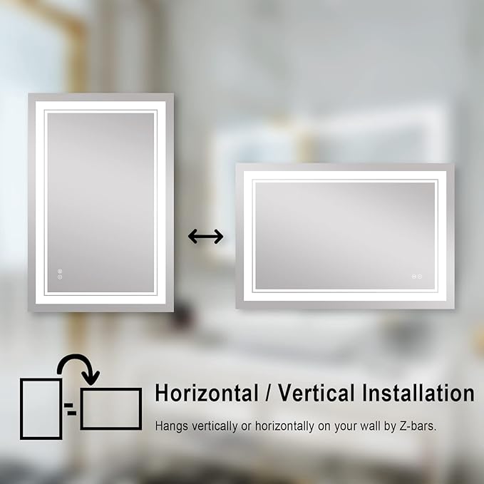 WELLFOR LED Bathroom Vanity Mirror 40 x 24 Inch, Lighted Anti-Fog Dimmable Mirror, IP44 Waterproof Wall Mounted Makeup Mirror, Packed with US Standard Plug and Touch Switch, (Horizontal/Vertical)-Ruum Studio Home