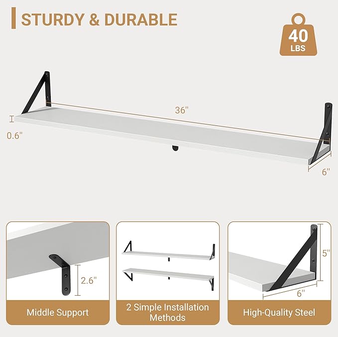Heimlove Floating Shelves for Wall, 36 Inch Long Wood Floating Bookshelf Set of 3, Wall Mounted Hanging Shelf for Bathroom Bedroom Kitchen, White-Ruum Studio Home