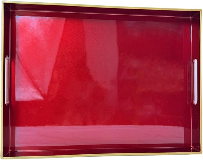 Large Red Decorative Tray, Serving Tray with Handles, Plastic Coffee Table Tray for Ottoman, Living Room, Bathroom, Decor. 15.7” x 11.8” x1.6”-Ruum Studio Home