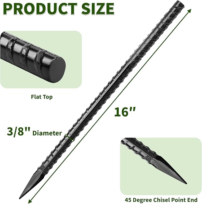 16 inches Ground Rebar Stakes (16 pcs) Heavy Duty Metal Spikes for Concrete Timber Garden Plant, Long Straight Steel Stakes for Tent, 3/8" Thickness Ground Anchors with Chisel Point End, Black-Ruum Studio Home