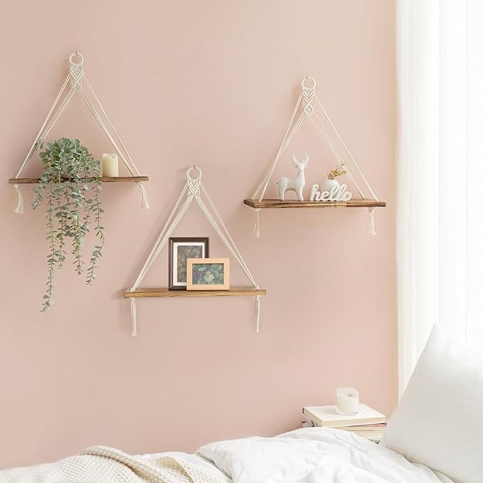 Mkono Macrame Hanging Shelves Boho Wall Decor Set of 3 Rustic Wood Floating Storage Shelf for Bedroom Bathroom Living Room Nursery Dorm Room, Display Shelving for Hanging Plants Photos-Ruum Studio Home
