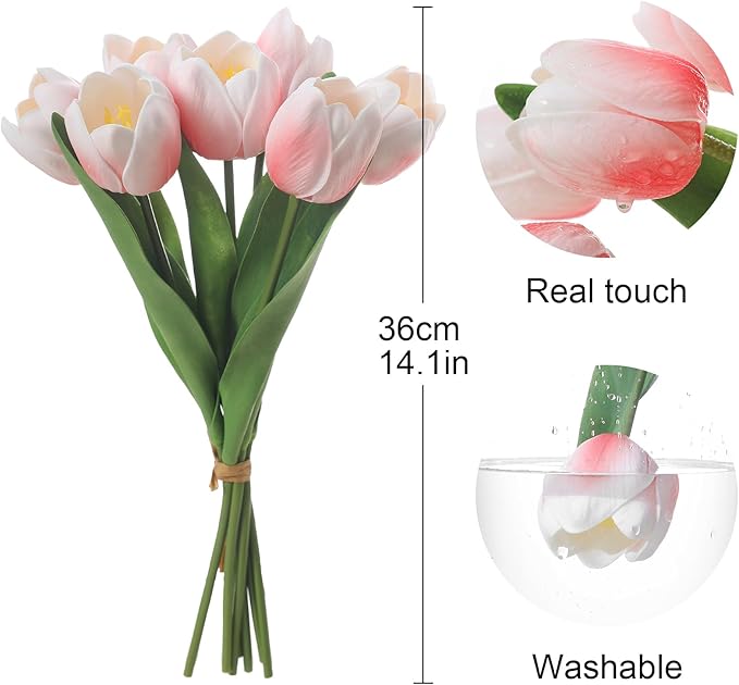 Light Pink Artificial Tulips, 2 Bundles 14Pcs, Fake Tulips Artificial Flowers, 2 x 2.4 Inch Large Flower Head Big Tulip, Easter Valentine's Day Mother's Day Home Decoration Flowers-Ruum Studio Home