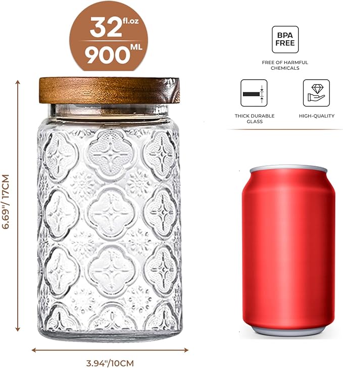 32oz Vintage Glass Jar With Lid, Glass Storage Containers, Airtight Kitchen Storage Containers For Sugar, Coffee, Tea, Spice, Flour, Candy Cookie, Pasta, Cereal, Cute Decorative Jars-Ruum Studio Home