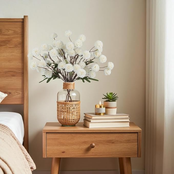 Faux White Kiku Flowers 10 Stems & 2 Eucalyptus, Fake Mums Pompon Flower Ball, Autumn Artificial Chrysanthemums Flowers for Boho Bedroom Decor, Silk Mini Faux Kiku Flower Wedding Arrangements Decor-Ruum Studio Home