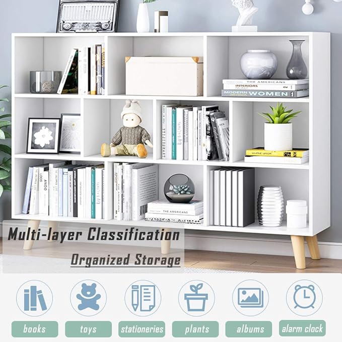 IOTXY Wooden Open Shelf Bookcase - 3-Tier Floor Standing Display Cabinet Rack with Legs, 10 Cubes Bookshelf, Warm White-Ruum Studio Home