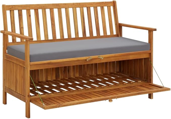 vidaXL Patio Storage Bench 47.2", Solid Acacia Wood, Dark Gray Cushion, Ample Storage Compartment, Rustic Style, Home and Garden Furniture-Ruum Studio Home