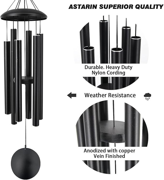ASTARIN Outdoor Memorial Wind Chimes, 36 in with 6 Heavy Tubes, Deep Tone for Garden Hanging Decor, Sympathy Gifts. Black-Ruum Studio Home