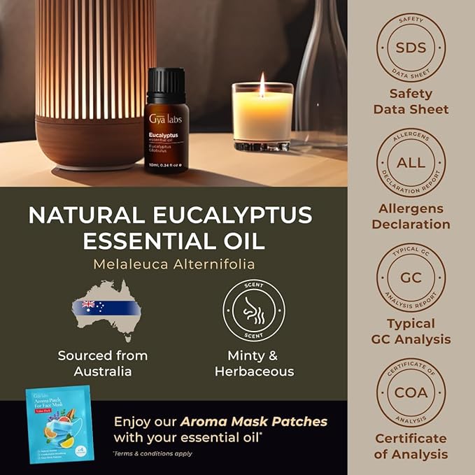 Gya Labs Eucalyptus Essential Oil for Diffuser - 0.34 Fl Oz - 100% Pure Natural Eucalyptus Oil for Skin, Humidifier, Candle Making & Aromatherapy - Fresh, Cooling Scent-Ruum Studio Home