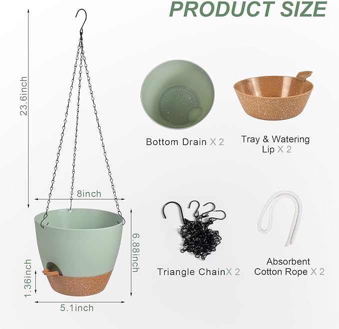 Hanging Planters for Indoor Outdoor Plants, 2 Pack Self Watering Hanging Pot with Drainage Holes & Removable Tray (Green, 8'')-Ruum Studio Home