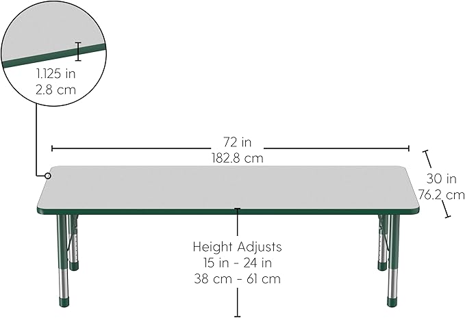 FDP Rectangle Activity School and Classroom Kids Table (30 x 72 inch), Chunky Toddler Leg, Adjustable Height 15-24 inches - Gray Top and Green Edge-Ruum Studio Home