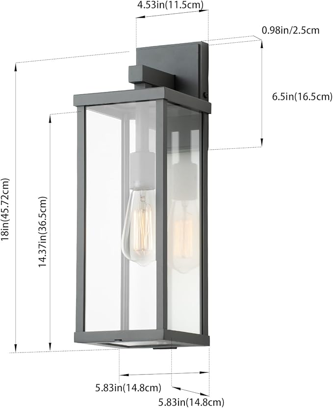 mirrea 18" Classic Outdoor Wall Sconce 1 Light in Matte Gray Rectangular Metal Frame and Clear Glass Shade Waterproof Porch Light Patio Light Pack of 2-Ruum Studio Home