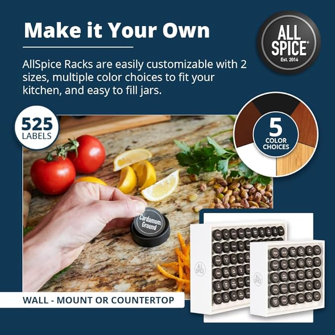 AllSpice Spice Rack Organizer, Wood, 525 Unique Labels, Countertop or Wall Mount, Includes 60 4oz Jars- Matte White-Ruum Studio Home