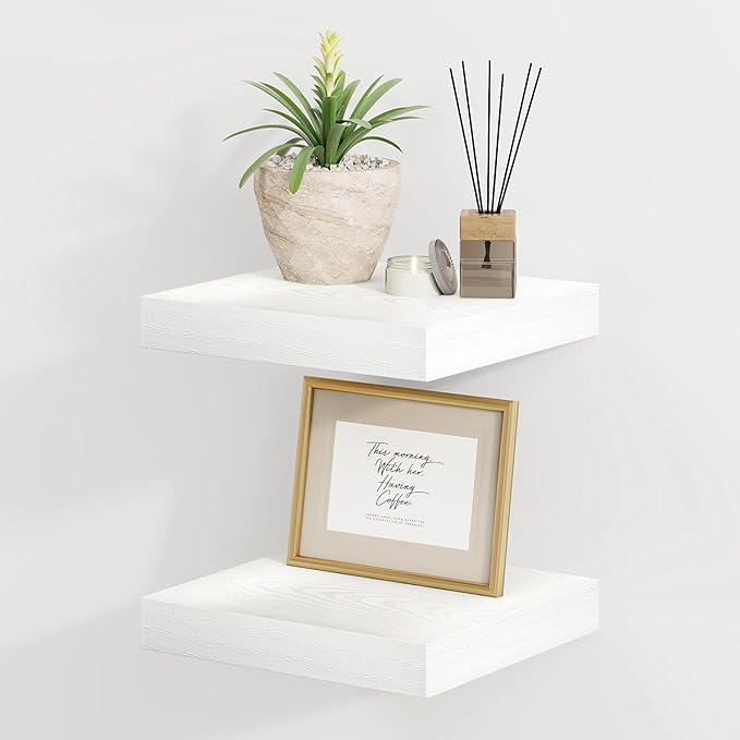 8 Inch Deep Floating Shelves White, Rustic Wood Floating Shelf for Home Decor, 8 x 8 Inch Square Wall Shelves, Wooden Storage & Display Shelves for Kitchen, Bathroom, Living Room, Set of 2-Ruum Studio Home