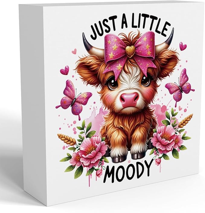 Cute Highland Cow Baby Decor, Cow With Pink Bow, Highland Cow Gifts for women, Highland Cow Decor, Highland Cow Nursery Decor, Wooden Box Decor Sign for Home Farmhouse Office Living Room Table Shelf-Ruum Studio Home