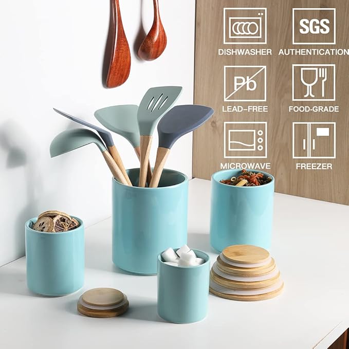 Sweejar Kitchen Canisters Ceramic Food Storage Jar Set, Stackable Containers with Airtight Seal Bamboo Lid for Serving Ground Coffee, Tea,Grains, Herbs,Sugar, Salt and More - Pack of 4（Turquoise）-Ruum Studio Home