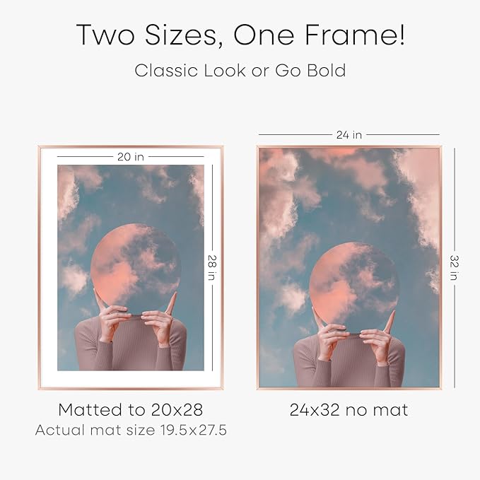Homeforia 24x32 Rose Gold Picture Frame, High End Metal 24x32 Poster Frames with Mat 20x28 inch Photo, 24 x 32 Thin Frame Matted to 20 x 28 Print, 32x24 Large Frame, Tempered Glass, Wall Kit, Set of 1-Ruum Studio Home