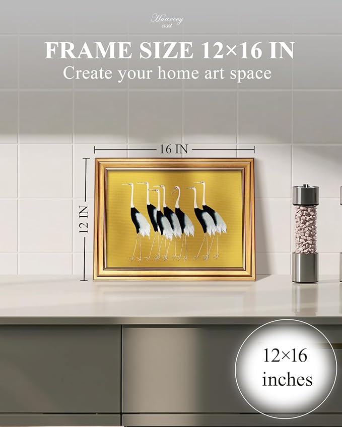 HUARCEY Gold Framed Vintage Wall Art for Living Room, Animals Painting Prints Shelf Decor for Kitchen, Aesthetic Bedroom Wall Art Decor, Christmas Gifts for Friends or Family (Seven Cranes 12"x16")-Ruum Studio Home