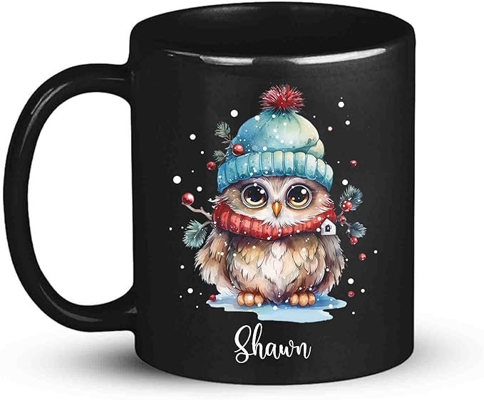 Winter Owl Design Coffee Mug - Custom Christmas Animal Black Cup, Personalized Name Themed 11oz 15oz Ceramic Cup for Owl Lovers, Xmas Decorative Gift-Ruum Studio Home