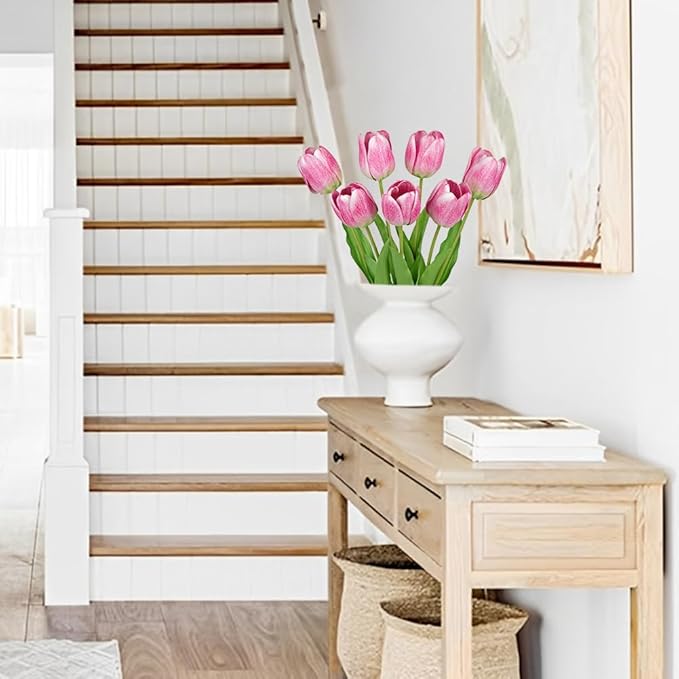 Artificial Tulips Flowers – 24" Long Stem Faux Tulips, 7PCS Real Touch Fake Pink Tulip for Vase, Farmhouse, Kitchen, Spring & Wedding Home Decor-Ruum Studio Home