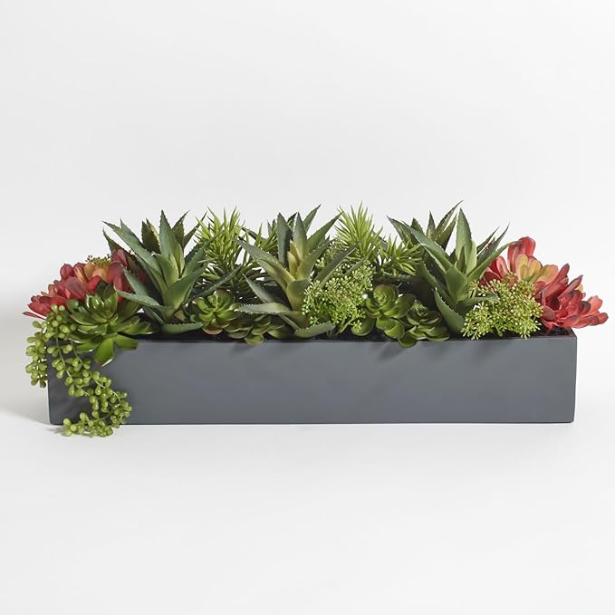 Oblong Faux Succulent Arrangement, Premium Artificial Indoor Plant Enhances Interior Design, Display on any Surface in Your Home Adding an Inviting Touch of Nature, Grey Planter Pot Included-Ruum Studio Home