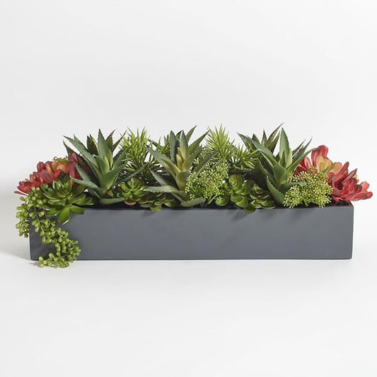 Oblong Faux Succulent Arrangement, Premium Artificial Indoor Plant Enhances Interior Design, Display on any Surface in Your Home Adding an Inviting Touch of Nature, Grey Planter Pot Included-Ruum Studio Home