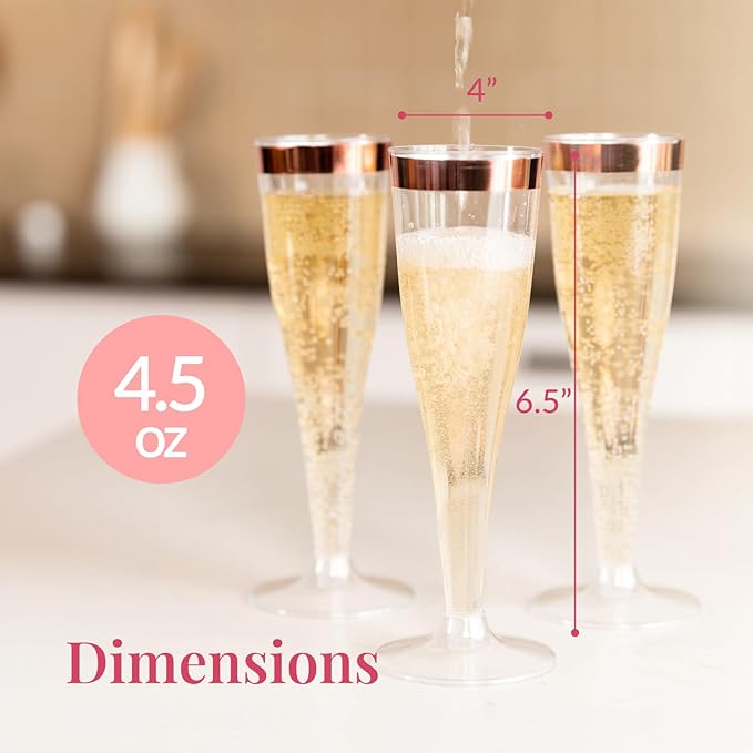 Prestee Set of 24 Plastic Champagne Flutes with Rose Gold Rim - 4.5 oz - Shatterproof Disposable Glasses - Elegant Design - Ideal for Weddings, Cocktail Parties, and Outdoor Celebrations-Ruum Studio Home